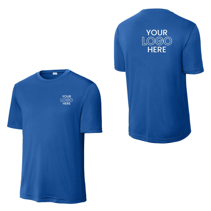 Sport-Tek ST350 performance tee with a sample company logo on the left chest and full back, shown front and back