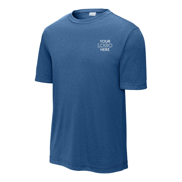 True Royal Heather Sport-Tek ST350 performance tee with a sample logo on the left chest