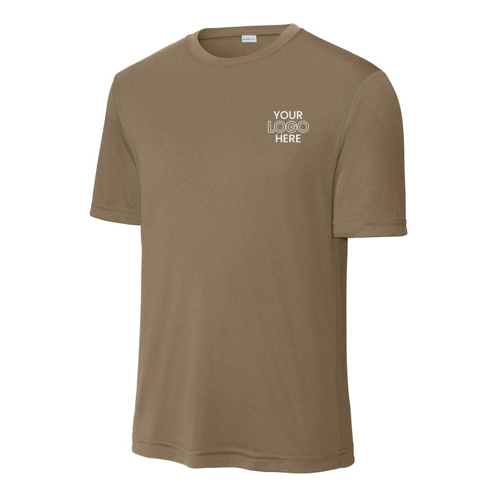 Woodland Brown Sport-Tek ST350 performance tee with a sample logo on the left chest