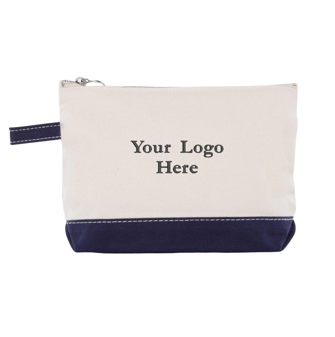 Canvas cosmetic bag with navy bottom, zipper closure, and customizable logo area on front