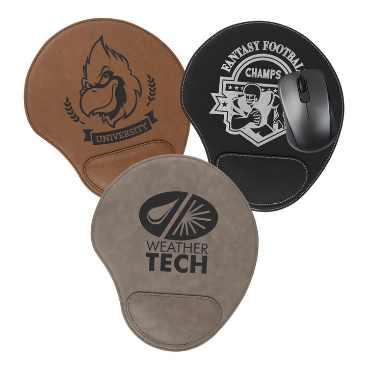 Three leatherette mouse pads with custom logos: brown pad with university horse emblem, black pad with football champs crest, gray pad with Weather Tech logo.