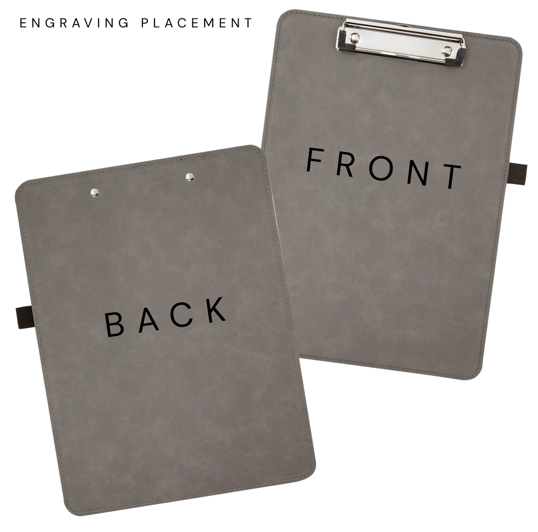 Gray leatherette clipboard pair showing front and back engraving placement options with metal clip and corner reinforcements.