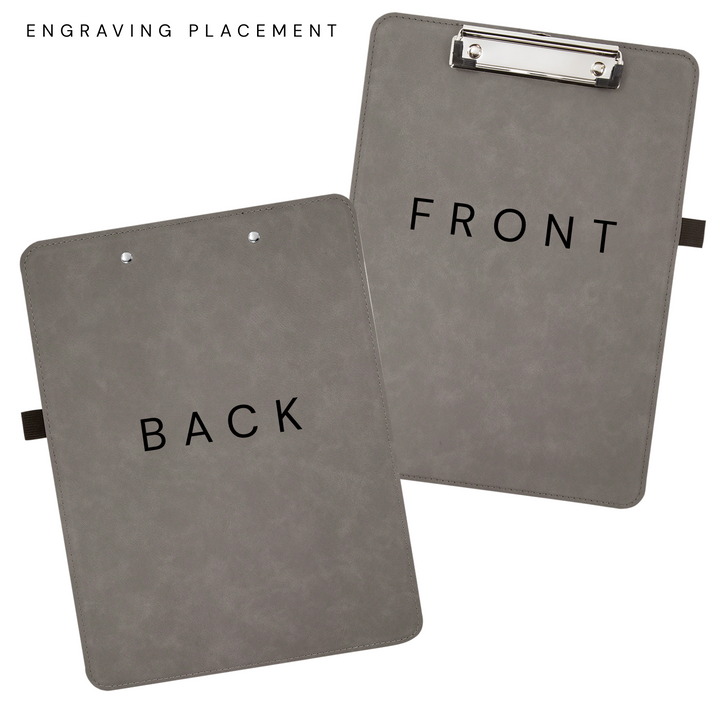 Gray leatherette clipboard pair showing front and back engraving placement options with metal clip and corner reinforcements.