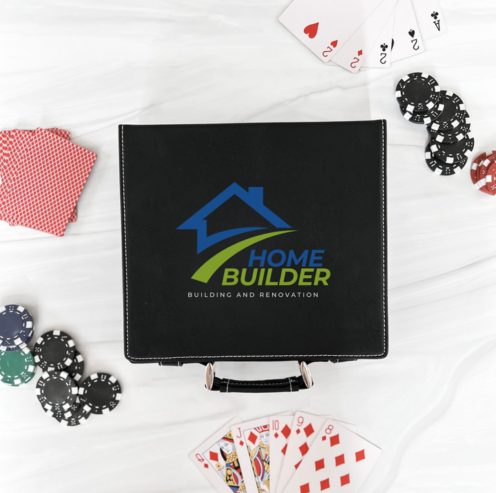 Black poker set case with blue and green Home Builder logo and "Building and Renovation" text, surrounded by cards and chips.