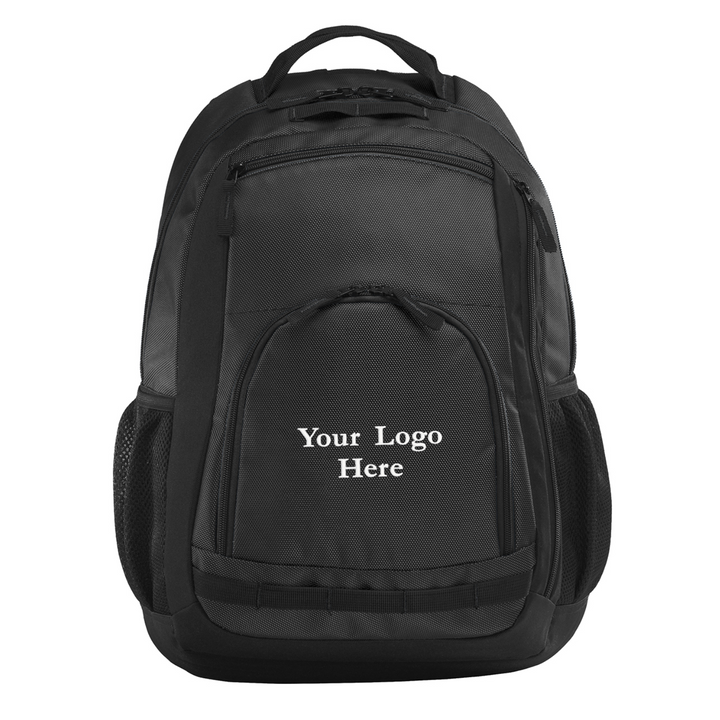 Black Port Authority Xtreme backpack with embroidered logo placeholder on front panel, padded straps, and multiple compartments.