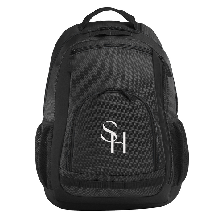 Black Port Authority backpack with SH logo embroidered on front pocket and padded straps
