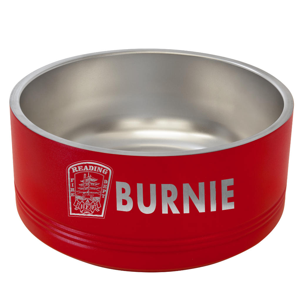 Red stainless steel pet bowl with white fire department logo and "BURNIE" text engraved on side