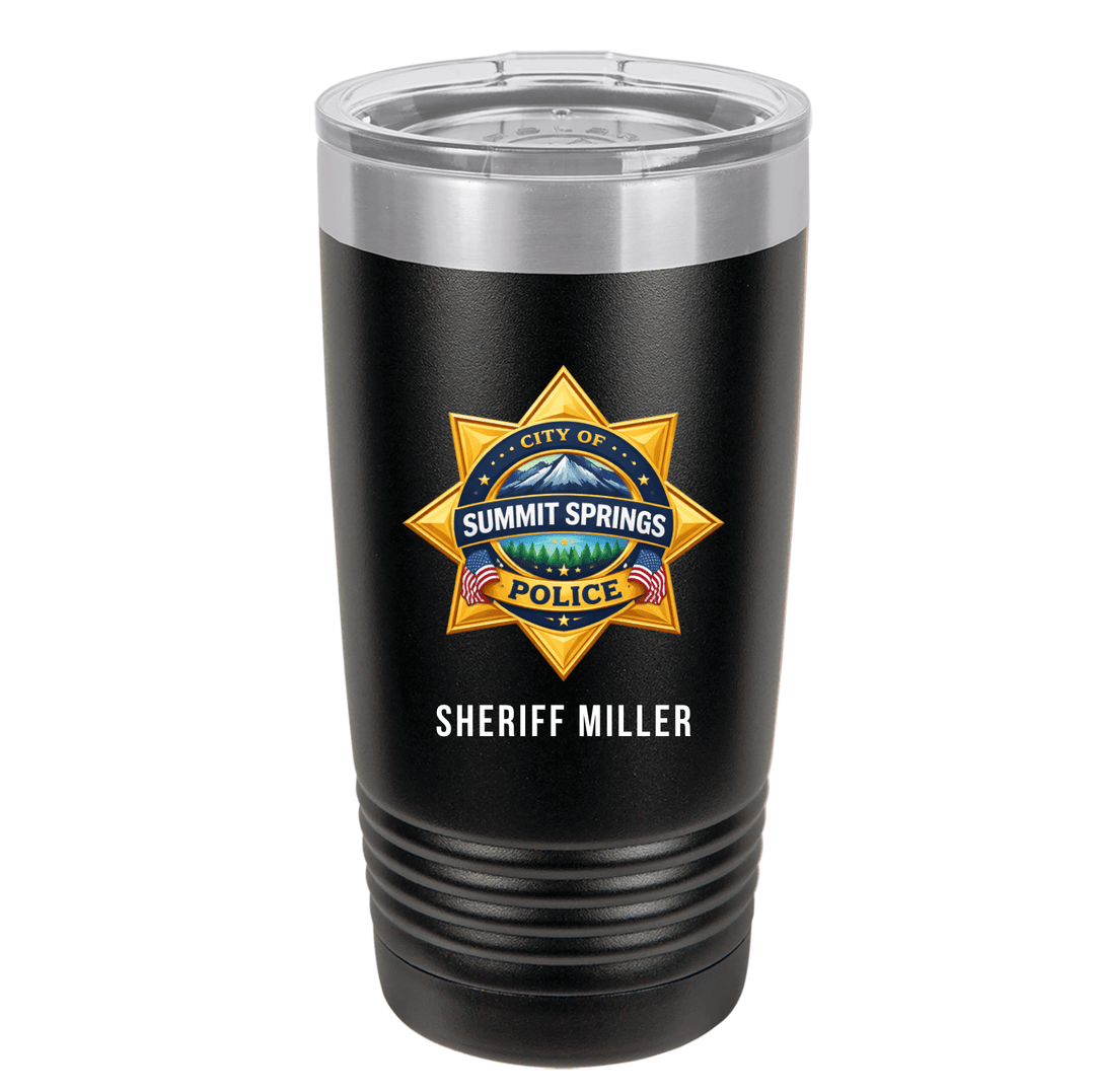 Black tumbler printed in full color with a gold sheriff badge and an engraved name