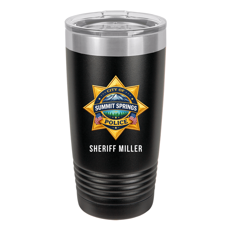 Black tumbler printed in full color with a gold sheriff badge and an engraved name
