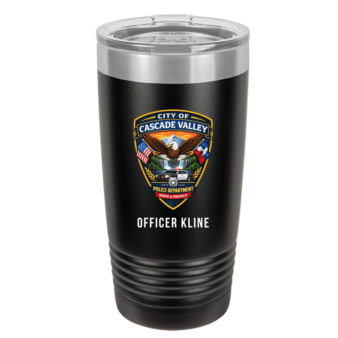 Black tumbler printed with a department shield badge and an officer&