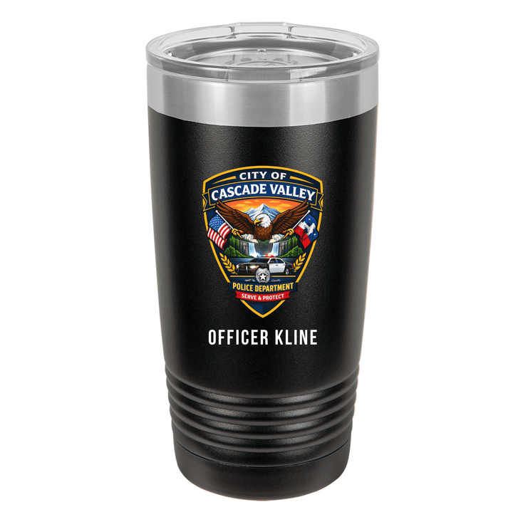 Black tumbler printed with a department shield badge and an officer&