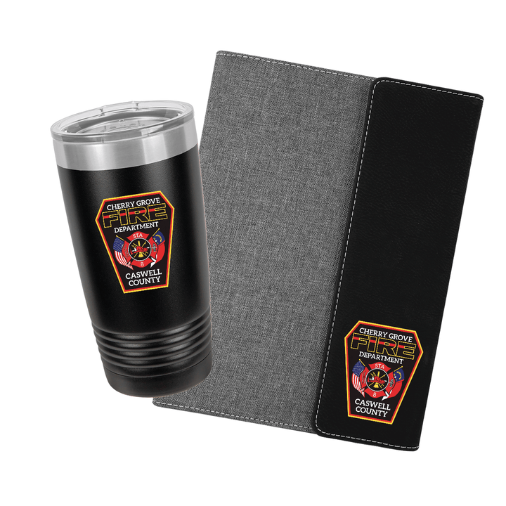 Fire department gift set: black 20oz tumbler and black portfolio with department patch and name