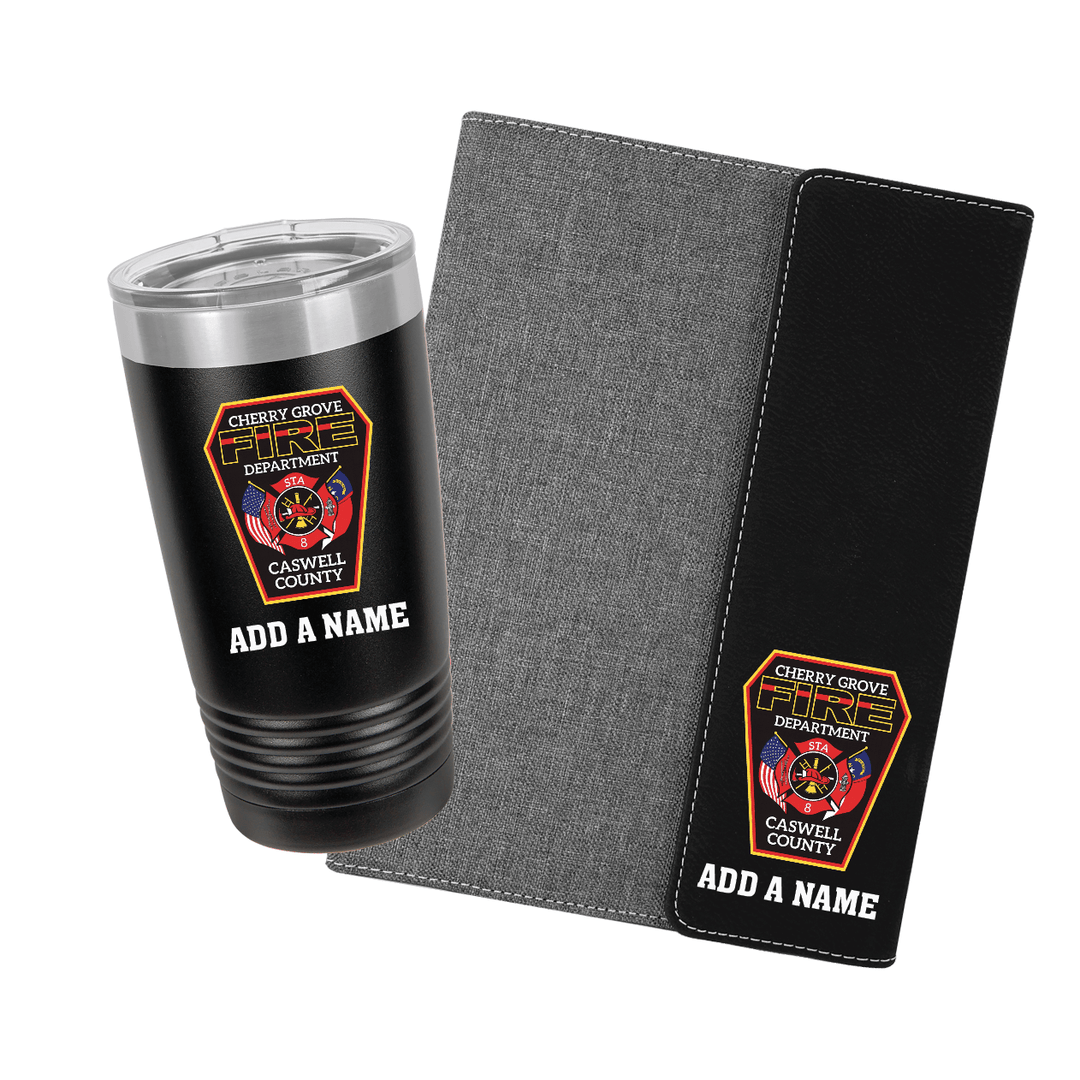 Fire department gift set: black 20oz tumbler and black portfolio with department patch, no name