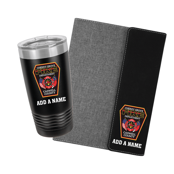 Fire department gift set: black 20oz tumbler and black portfolio with department patch, no name