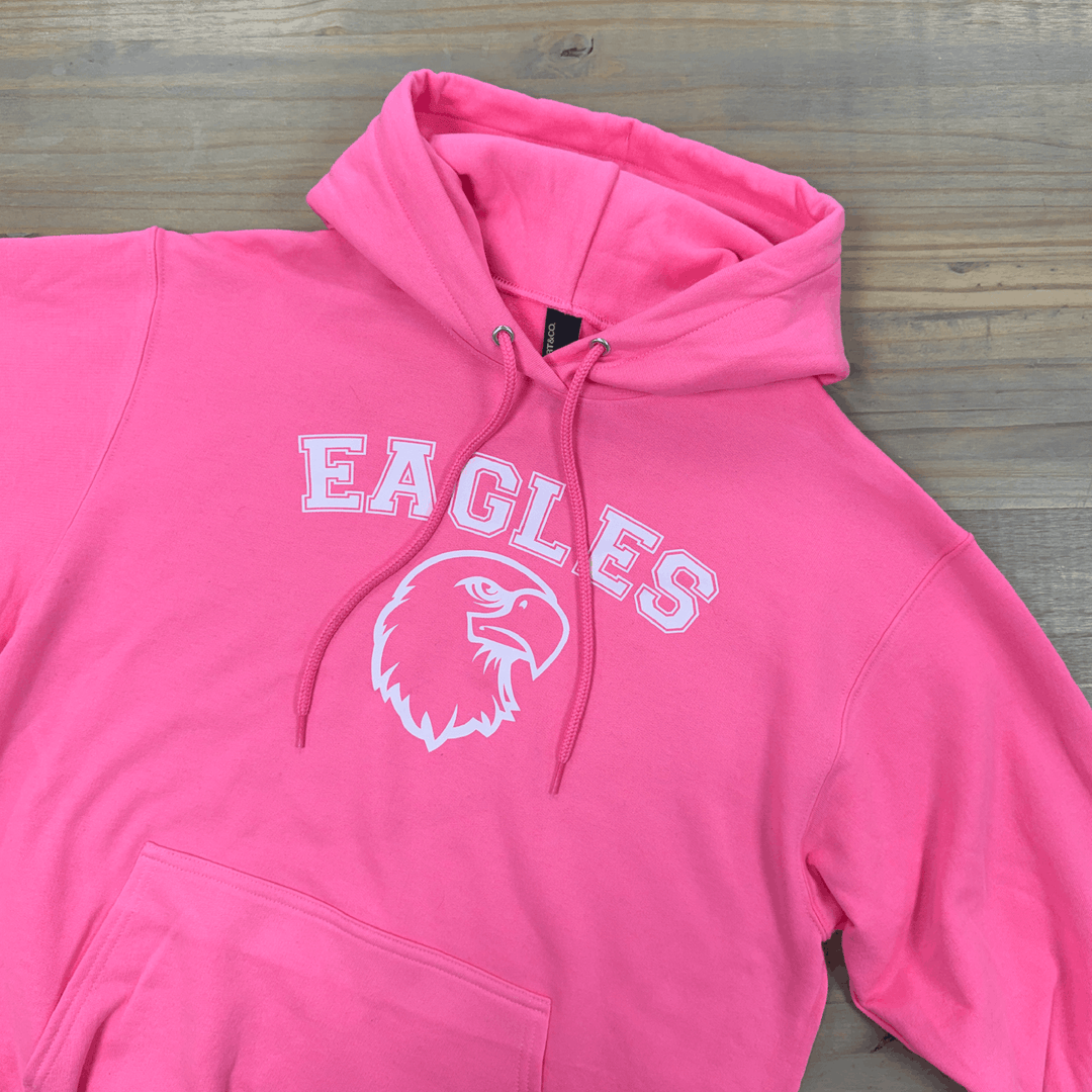 Bright pink hoodie with "EAGLES" text and eagle head logo in white embroidery on chest