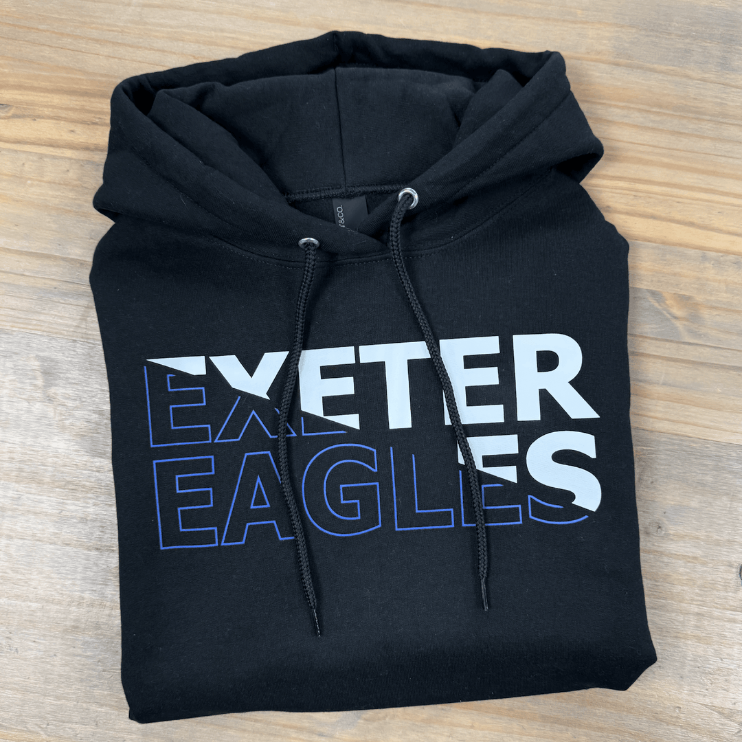 Black hoodie sweatshirt with "EXETER EAGLES" text in white and blue lettering across the chest