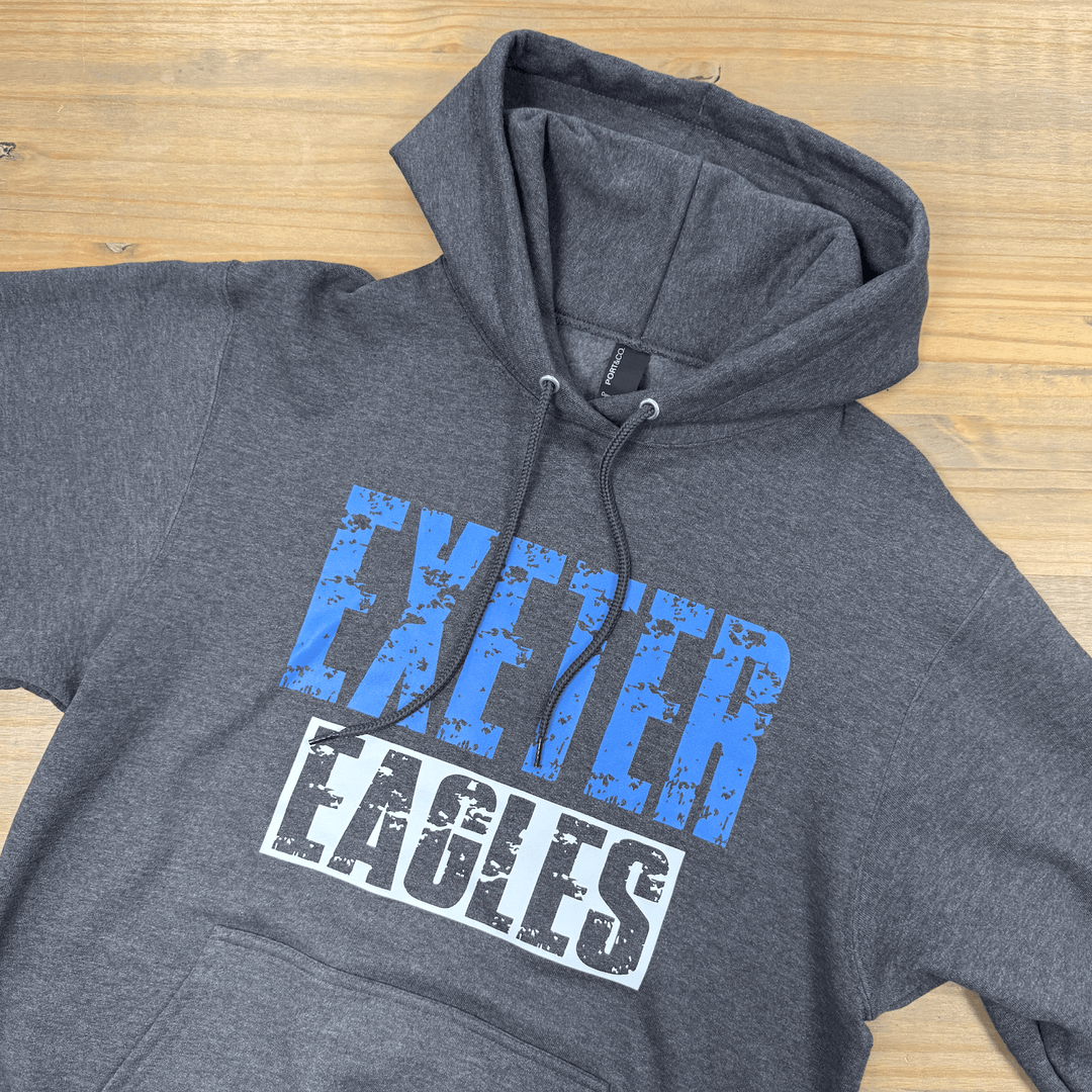Charcoal gray hoodie with blue and white "Exeter Eagles" text printed on chest