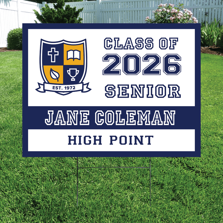Navy and white Class of 2026 Senior yard sign with school crest, personalized name Jane Coleman, and High Point text on grass.