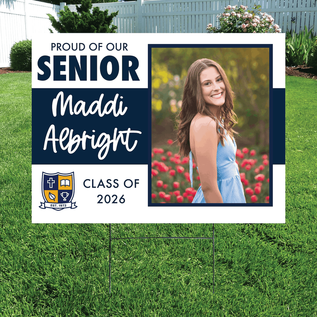 Proud senior class yard sign with photo frame and school logo for Maddi Albright Class of 2026