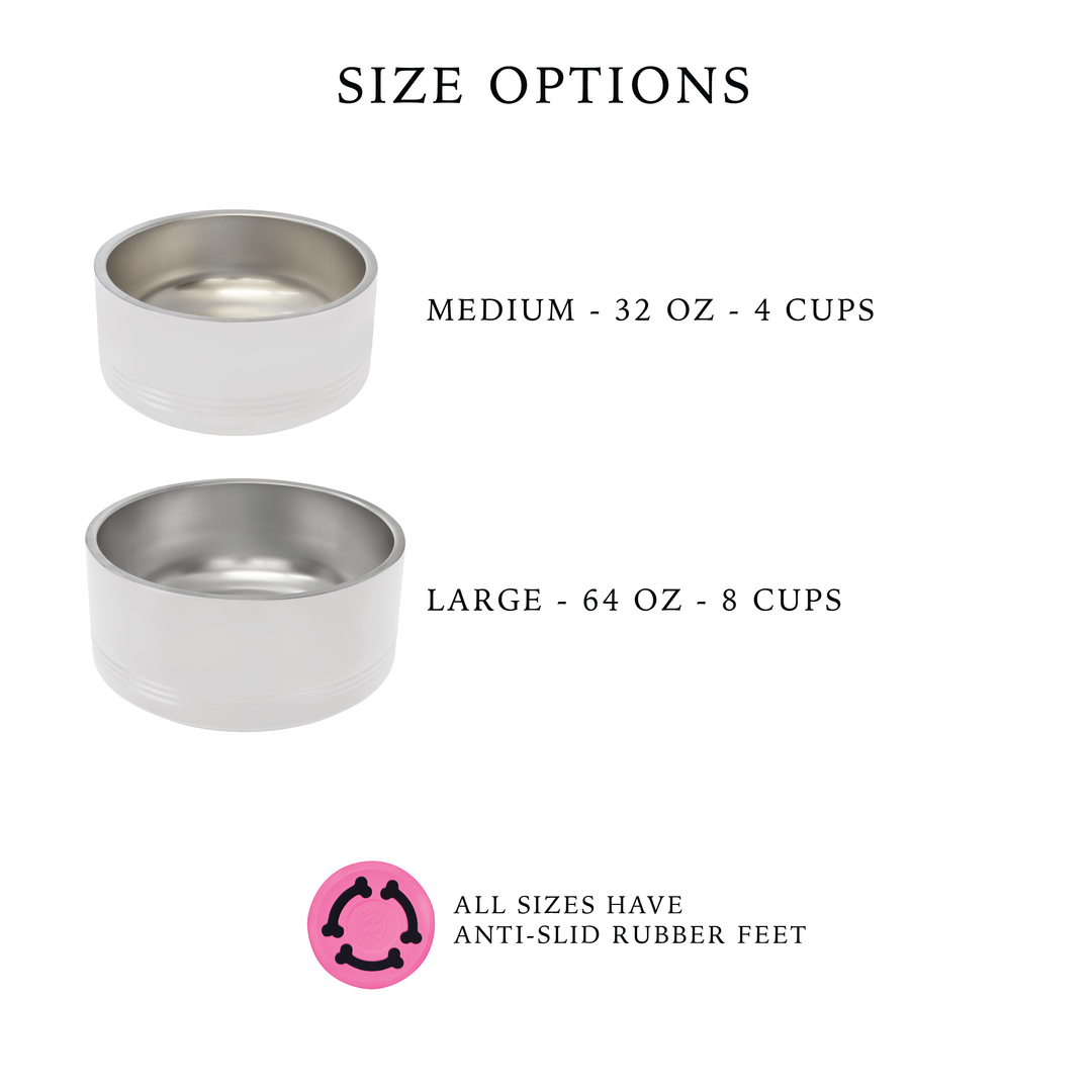 White stainless steel pet bowls in medium and large sizes with anti-slip rubber feet shown in size comparison.