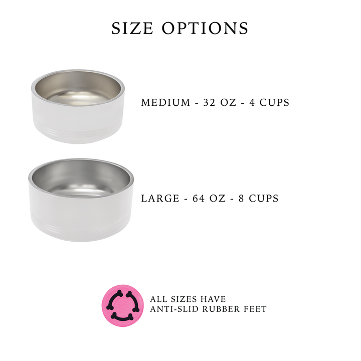 White stainless steel pet bowls in medium and large sizes with anti-slip rubber feet shown in size comparison.
