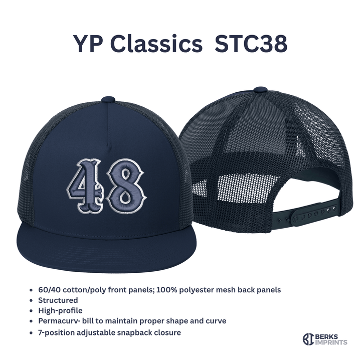 Undecorated navy Sport-Tek YP Classics STC38 trucker cap shown front and back with fabric and fit specifications