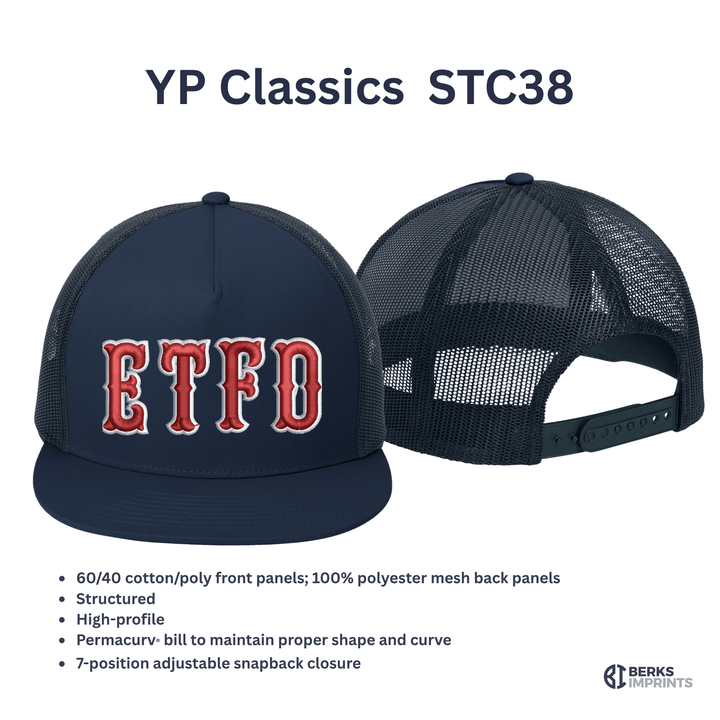 Sport-Tek YP Classics STC38 trucker cap shown front and back with fabric and fit specifications