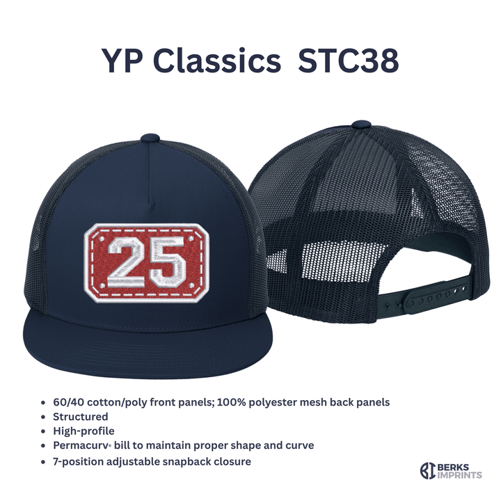 Sport-Tek YP Classics STC38 trucker cap shown front and back with fabric and fit specifications