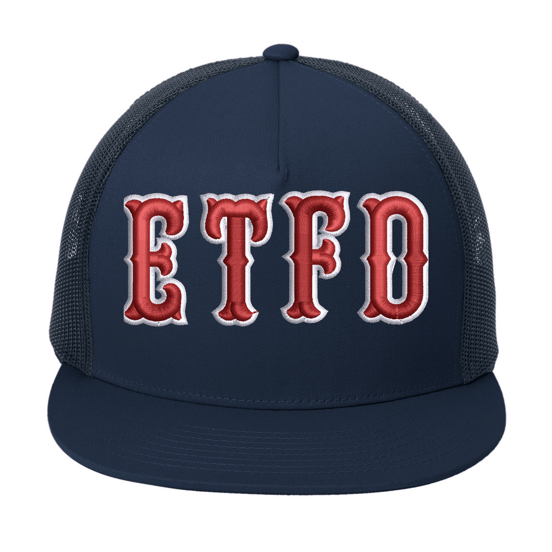 Navy Sport-Tek YP Classics STC38 trucker cap with embroidered fire department letters in Boston block font across the front
