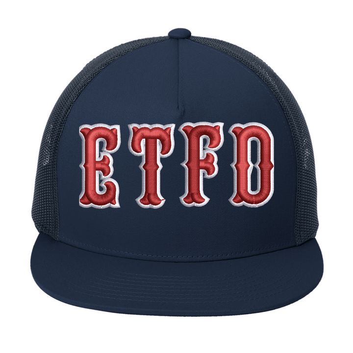 Navy Sport-Tek YP Classics STC38 trucker cap with embroidered fire department letters in Boston block font across the front