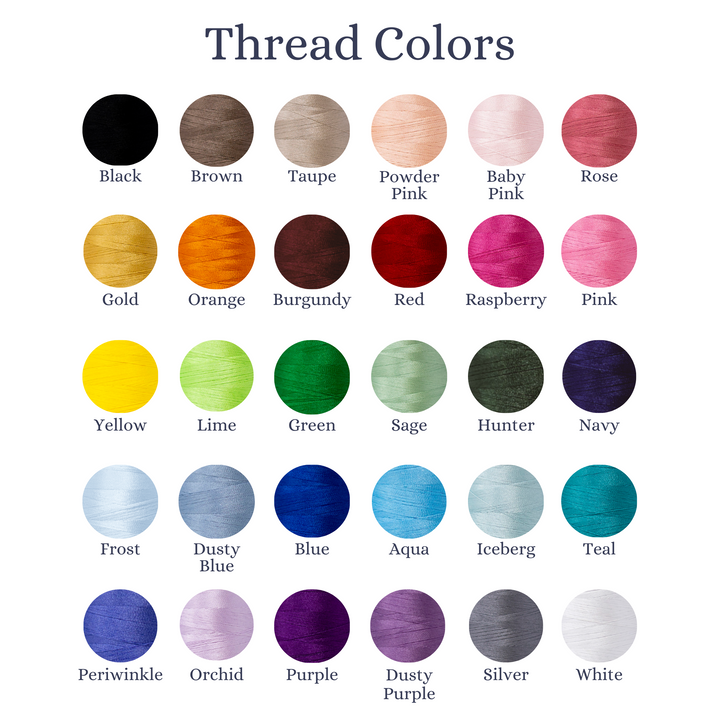 Color swatch chart showing 30 embroidery thread options including black, navy, red, gold, green, blue, pink, purple, and more for custom bag embroidery.