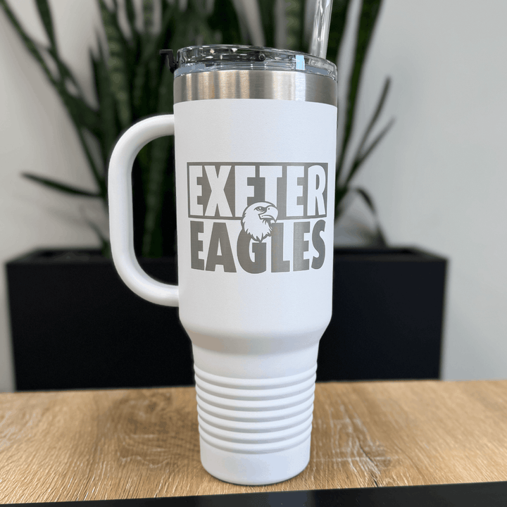 White 40oz tumbler with gray "Exeter Eagles" text and eagle logo, featuring ridged base and stainless steel lid.