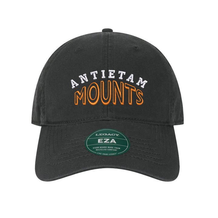 Antietam Mountaineers Classic Arch embroidered dad cap, white and orange stitching on a black cap