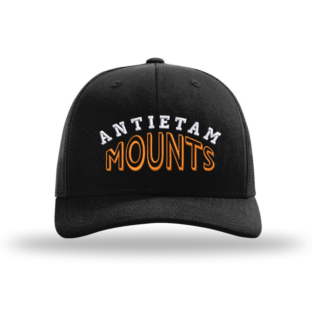Antietam Mountaineers Classic Arch embroidered trucker hat, white and orange stitching on a black hat