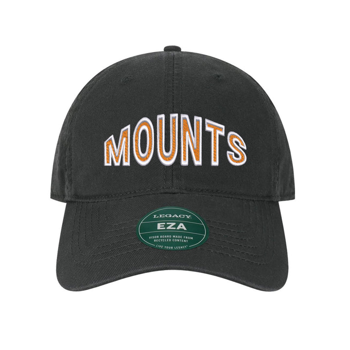 Antietam Mountaineers Mascot Arch embroidered dad cap, white and orange stitching on a black cap