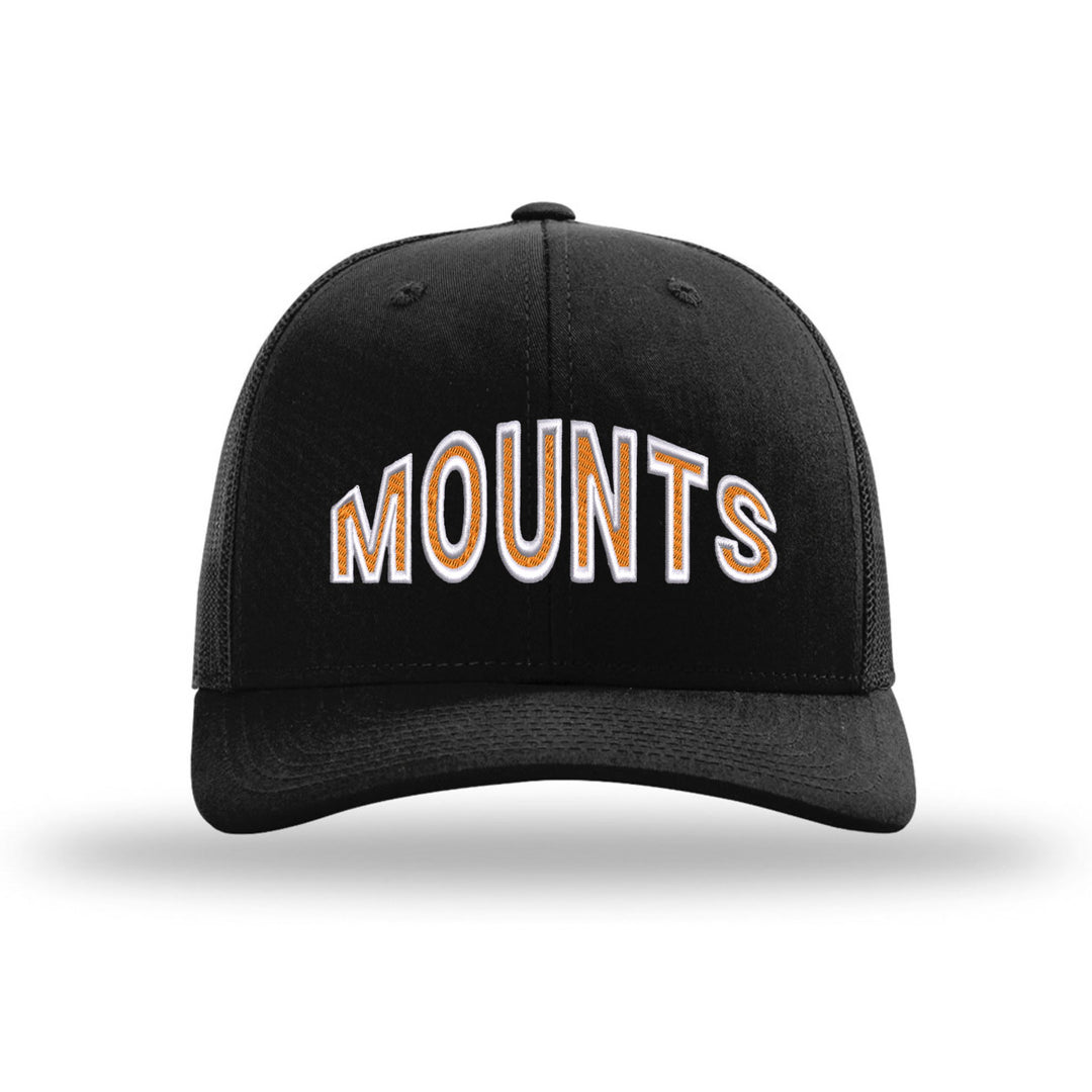 Antietam Mountaineers Mascot Arch embroidered trucker hat, white and orange stitching on a black hat