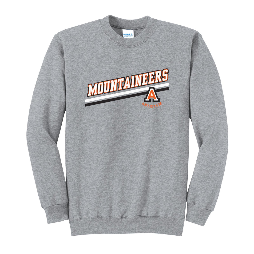 Antietam Mountaineers Slanted Stripe crewneck sweatshirt in Athletic Heather: bold MOUNTAINEERS lettering over a slanted double stripe, with the Antietam A badge