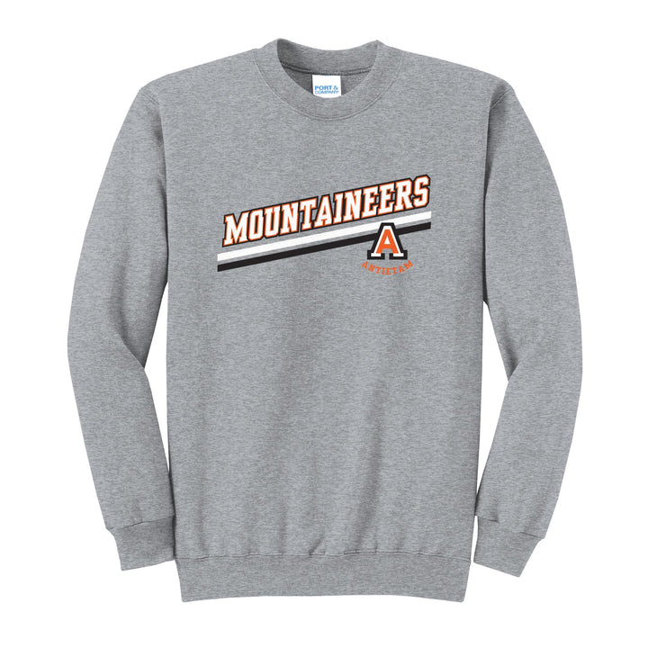 Antietam Mountaineers Slanted Stripe crewneck sweatshirt in Athletic Heather: bold MOUNTAINEERS lettering over a slanted double stripe, with the Antietam A badge