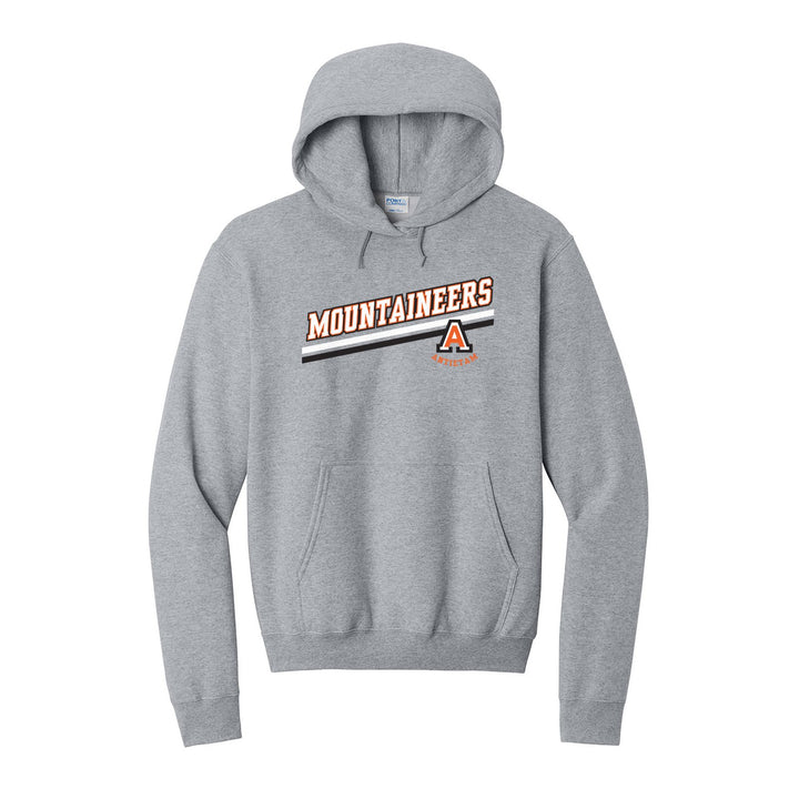Antietam Mountaineers Slanted Stripe hoodie in Athletic Heather: bold MOUNTAINEERS lettering over a slanted double stripe, with the Antietam A badge