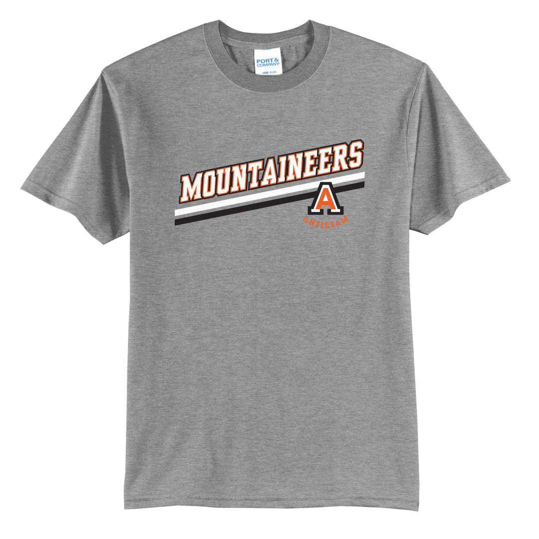 Antietam Mountaineers Slanted Stripe t-shirt in Athletic Heather: bold MOUNTAINEERS lettering over a slanted double stripe, with the Antietam A badge