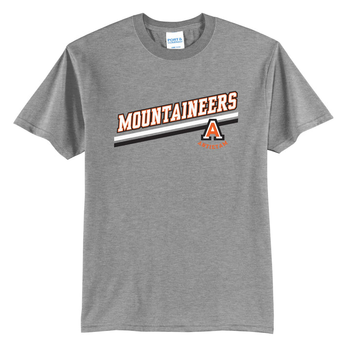 Antietam Mountaineers Slanted Stripe t-shirt in Athletic Heather: bold MOUNTAINEERS lettering over a slanted double stripe, with the Antietam A badge