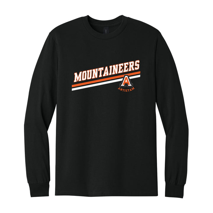 Antietam Mountaineers Slanted Stripe long sleeve t-shirt in Black: bold MOUNTAINEERS lettering over a slanted double stripe, with the Antietam A badge