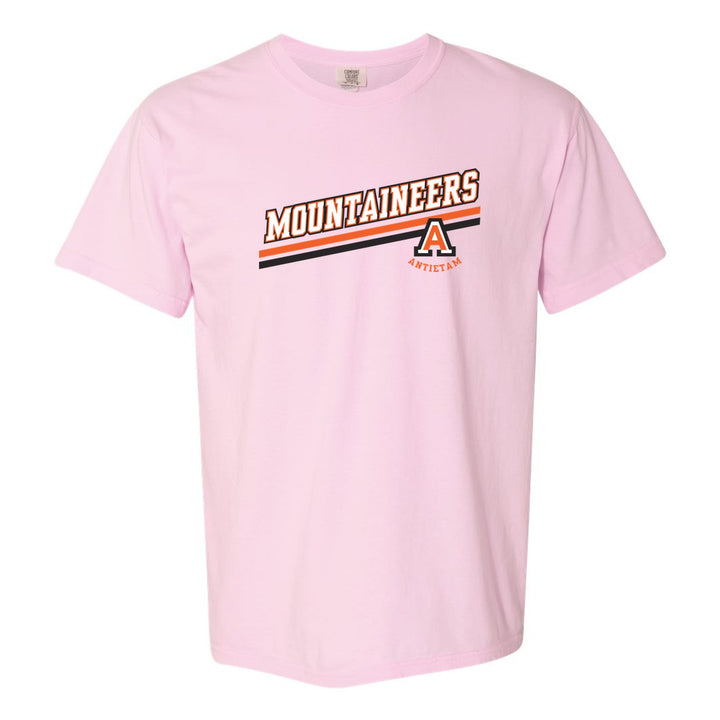 Antietam Mountaineers Slanted Stripe comfort colors t-shirt in Blossom: bold MOUNTAINEERS lettering over a slanted double stripe, with the Antietam A badge