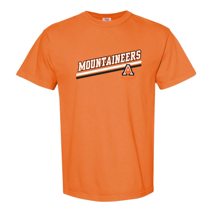 Antietam Mountaineers Slanted Stripe comfort colors t-shirt in Burnt Orange: bold MOUNTAINEERS lettering over a slanted double stripe, with the Antietam A badge