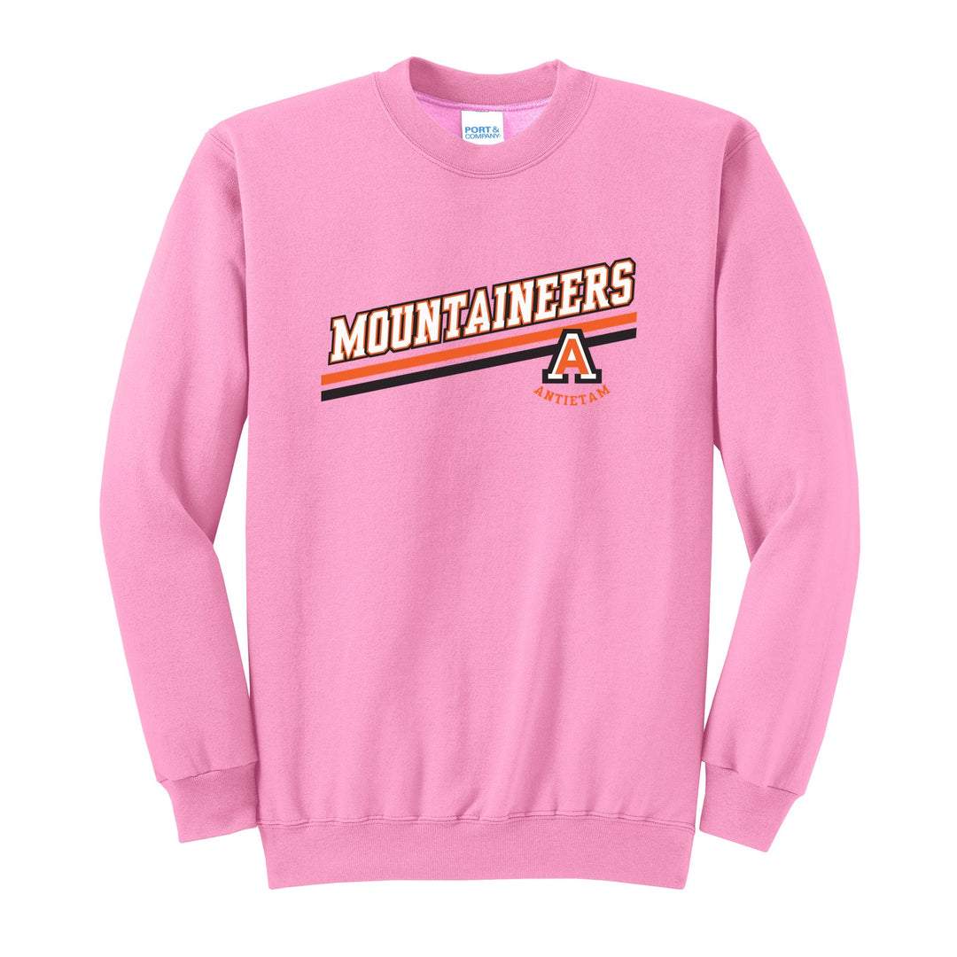 Antietam Mountaineers Slanted Stripe crewneck sweatshirt in Candy Pink: bold MOUNTAINEERS lettering over a slanted double stripe, with the Antietam A badge