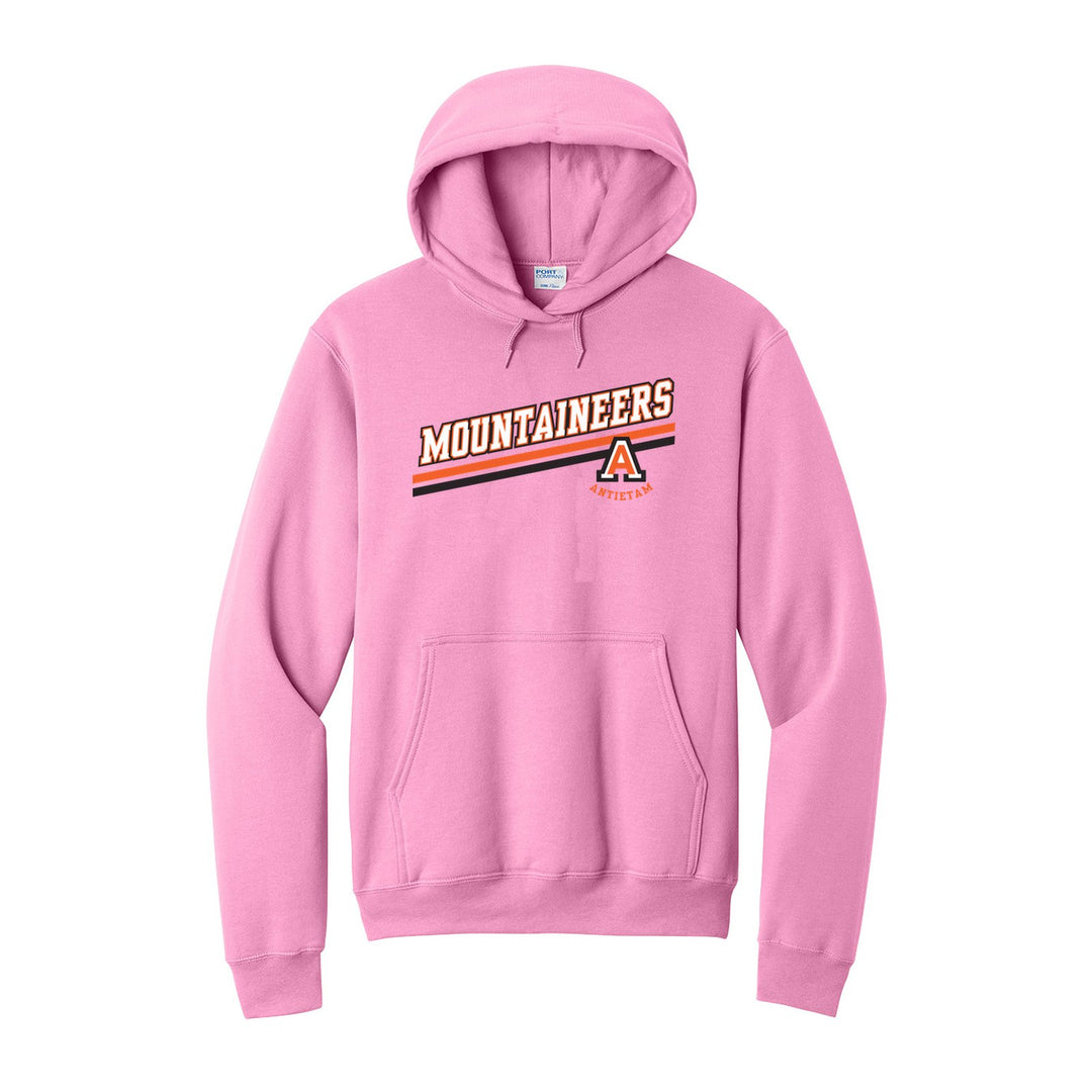 Antietam Mountaineers Slanted Stripe hoodie in Candy Pink: bold MOUNTAINEERS lettering over a slanted double stripe, with the Antietam A badge