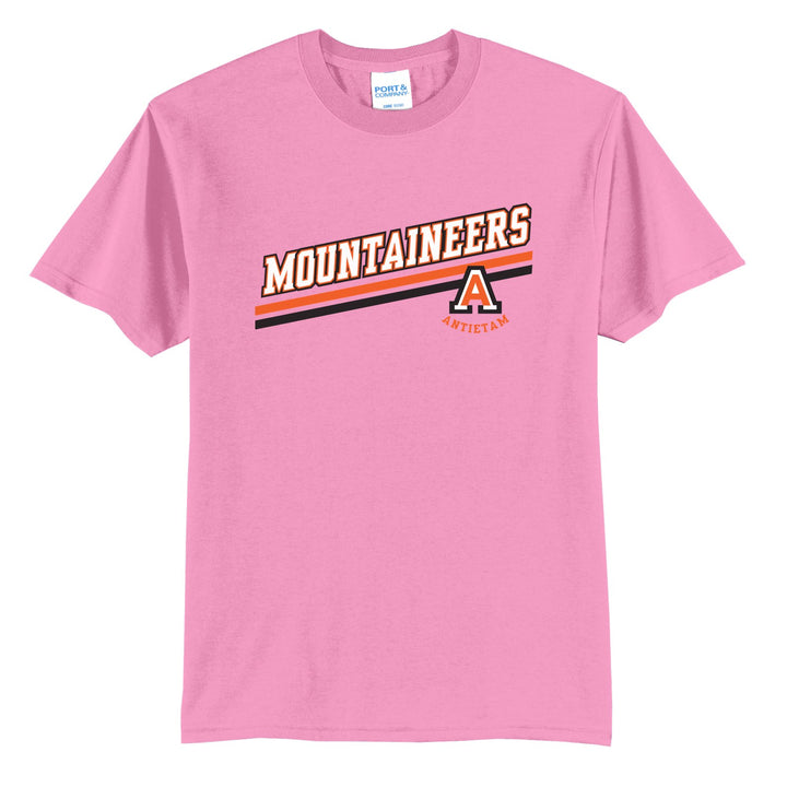 Antietam Mountaineers Slanted Stripe t-shirt in Candy Pink: bold MOUNTAINEERS lettering over a slanted double stripe, with the Antietam A badge