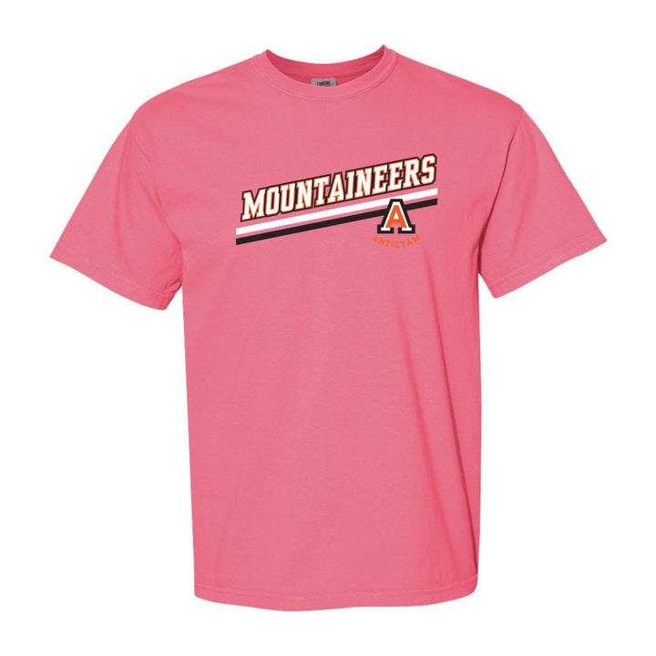 Antietam Mountaineers Slanted Stripe comfort colors t-shirt in Crunchberry: bold MOUNTAINEERS lettering over a slanted double stripe, with the Antietam A badge