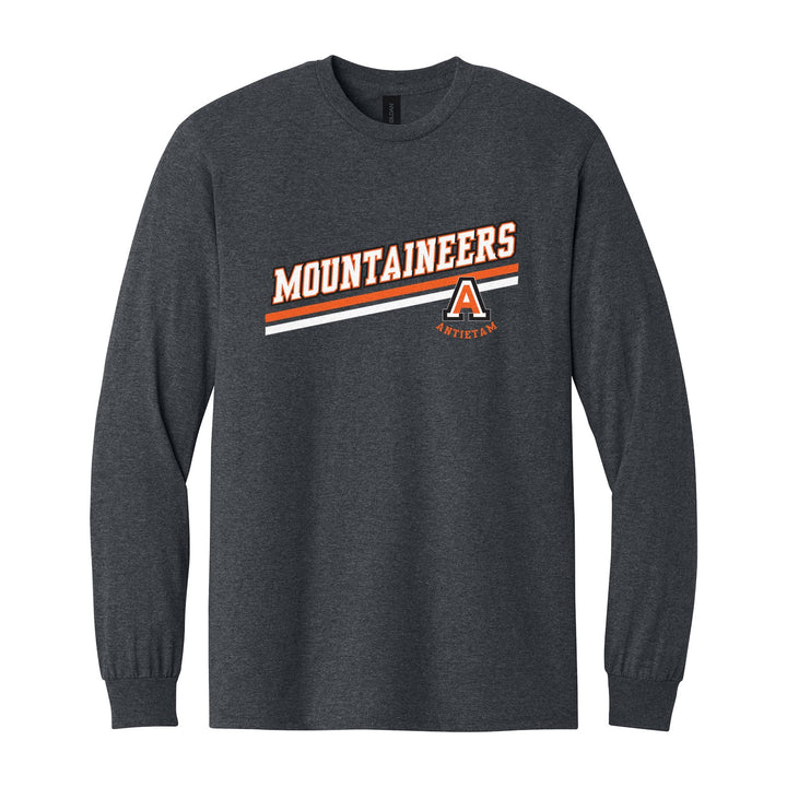 Antietam Mountaineers Slanted Stripe long sleeve t-shirt in Dark Heather: bold MOUNTAINEERS lettering over a slanted double stripe, with the Antietam A badge