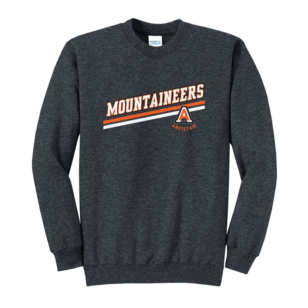 Antietam Mountaineers Slanted Stripe crewneck sweatshirt in Dark Heather Grey: bold MOUNTAINEERS lettering over a slanted double stripe, with the Antietam A badge